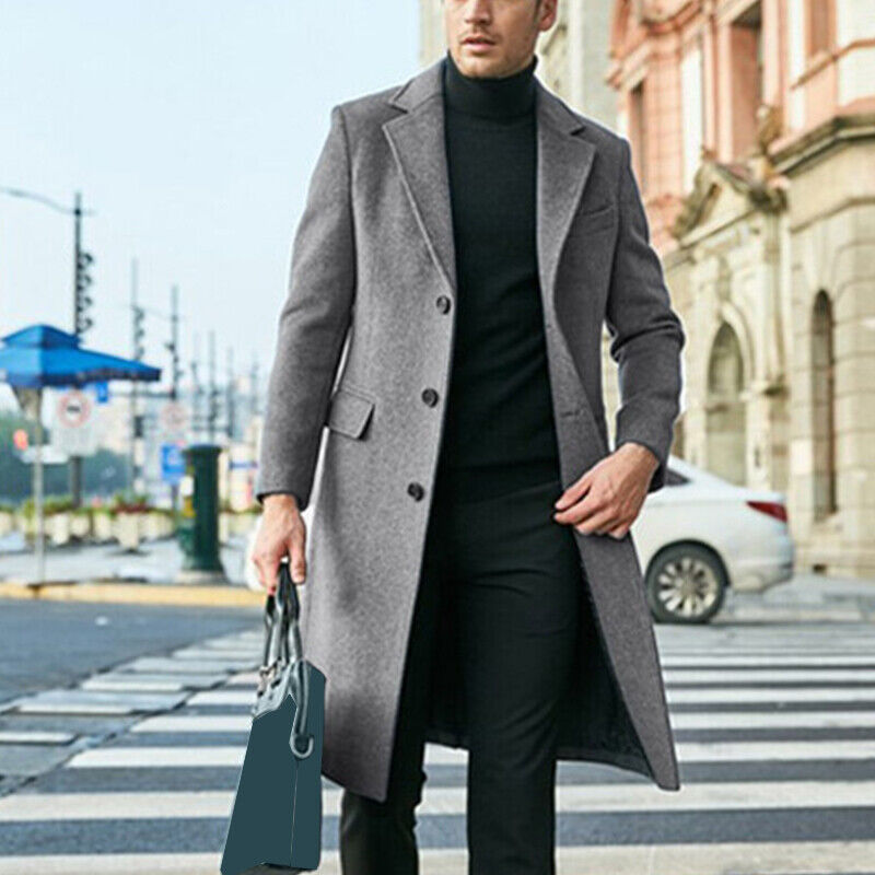 Men's Winter Warm Trench Coat Outwear Overcoat Casual Long Sleeve Button  Jacket