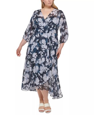 NEW CALVIN KLEIN BLUE WHITE FLORAL CHIFFON FIT AND FLARE DRESS SIZE 22 W  WOMEN