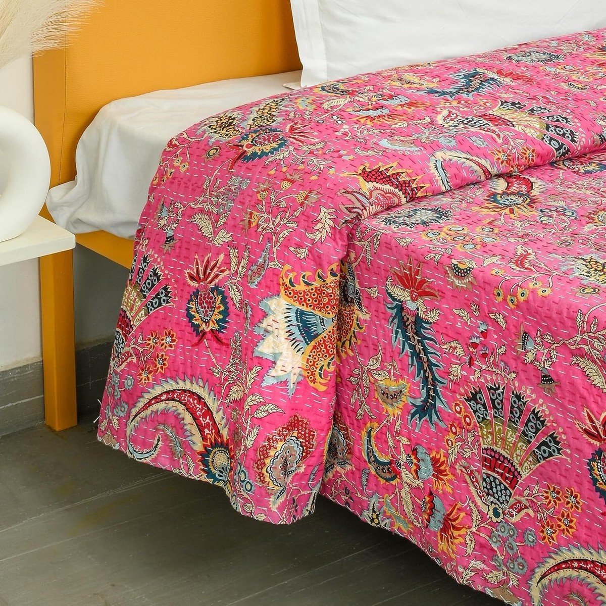 Pink Paisley Hand Block Printed Cotton Kantha Throw - Double bed Size Pink Paisley Hand Block Printed Cotton Kantha Throw - Double bed Size