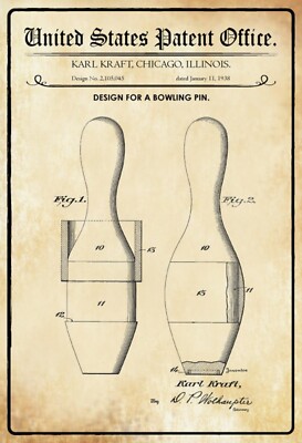 Blechschild 20x30 US Patent Kegel Bowling Pin historisch    Wand Deko Bar Kneipe