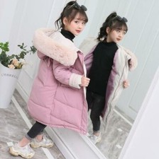 Cappotto lungo imbottito bambina invernale caldo pelliccia collo cappuccio spesso parka giacca T1
