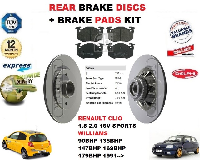 FOR RENAULT CLIO 1.8 2.0 16V WILLIAMS SPORT REAR BRAKE DISCS SET + DISC