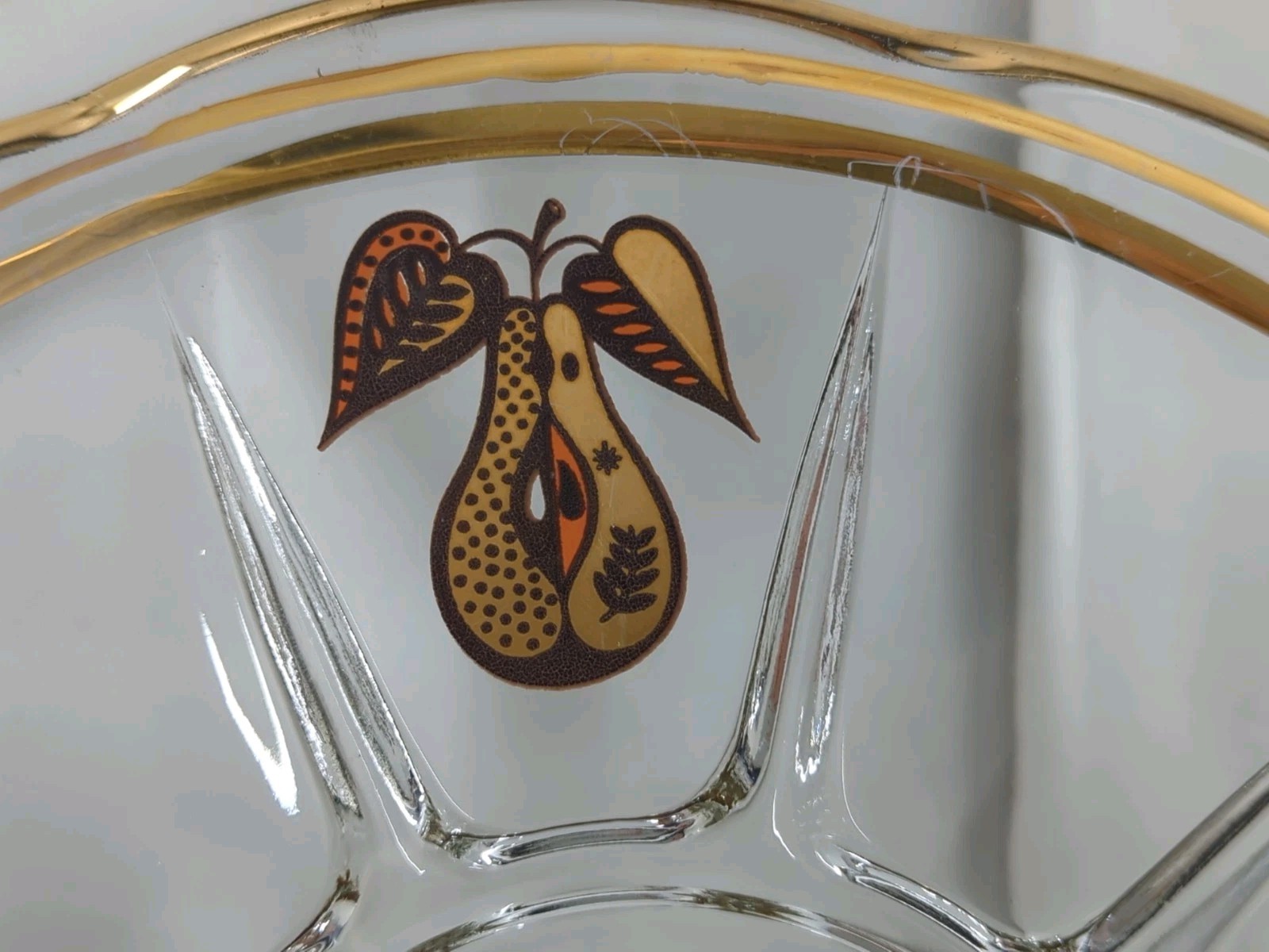 VTG Georges Briard Round Clear Glass Divided Tray Forbidden Fruit Apple Pear 11"