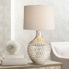 Modern Table Lamp with USB Charging Port Mercury Glass Drum Shade Living Room