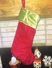 KOHL'S Burgundy VELVET Initial Green CUFF MONOGRAM K CHRISTMAS STOCKING Crystals
