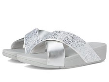 FitFlop Lulu Crystal-Mix Metallic Cross Slides Wedge Silver Women's Size 8M
