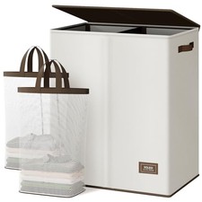 Luxury Double Laundry Hamper with Lid and Removable Bags, Large 145L off White