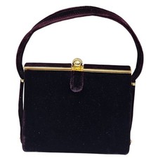 Vintage 60s Black Velvet Top Handle Evening Bag Gold Frame Purse Mad Men Mid Mod