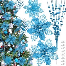 30 Pcs Glitter Poinsettia Flowers Artificial Berry Stem Branch Christmas Tree...