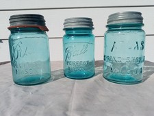 Small Blue Aqua Ball Vintage Mason Jar Lot of 3 With Lids * 9, 8, 3+