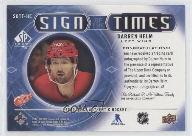 2020-21 SP Authentic Sign of the Times Darren Helm #SOTT-HE Auto - Image 2 of 2