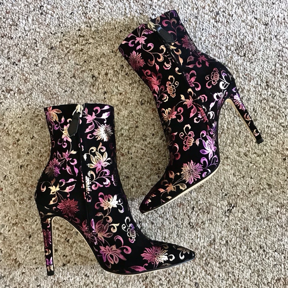 Botines Darco & Gianni Stiletto 39/8.5 Negro Rosa Metálico Floral Punta Foto 2 de 4