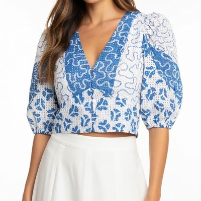 NWT Rebecca Taylor Perla Top in Snow Combo V-neck Button Down Crop Shirt 4