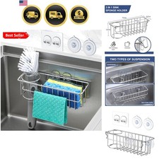 3-In-1 Sponge Holder for Kitchen Sink with Suction Cups Adhesive Hook , In-...