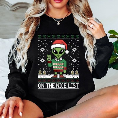 Alien On The Nice List Christmas Holiday Damen Sweatshirt Pixel Pullover