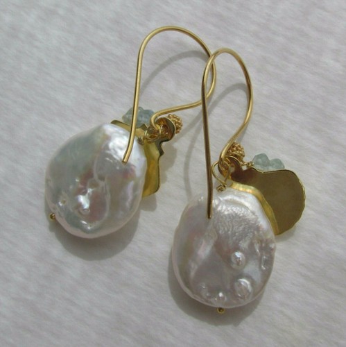 grosse Biwa Zucht Perlen Aquamarin Muschel Ohrringe 750 18K Gold auf 925 Silber - Picture 7 of 11