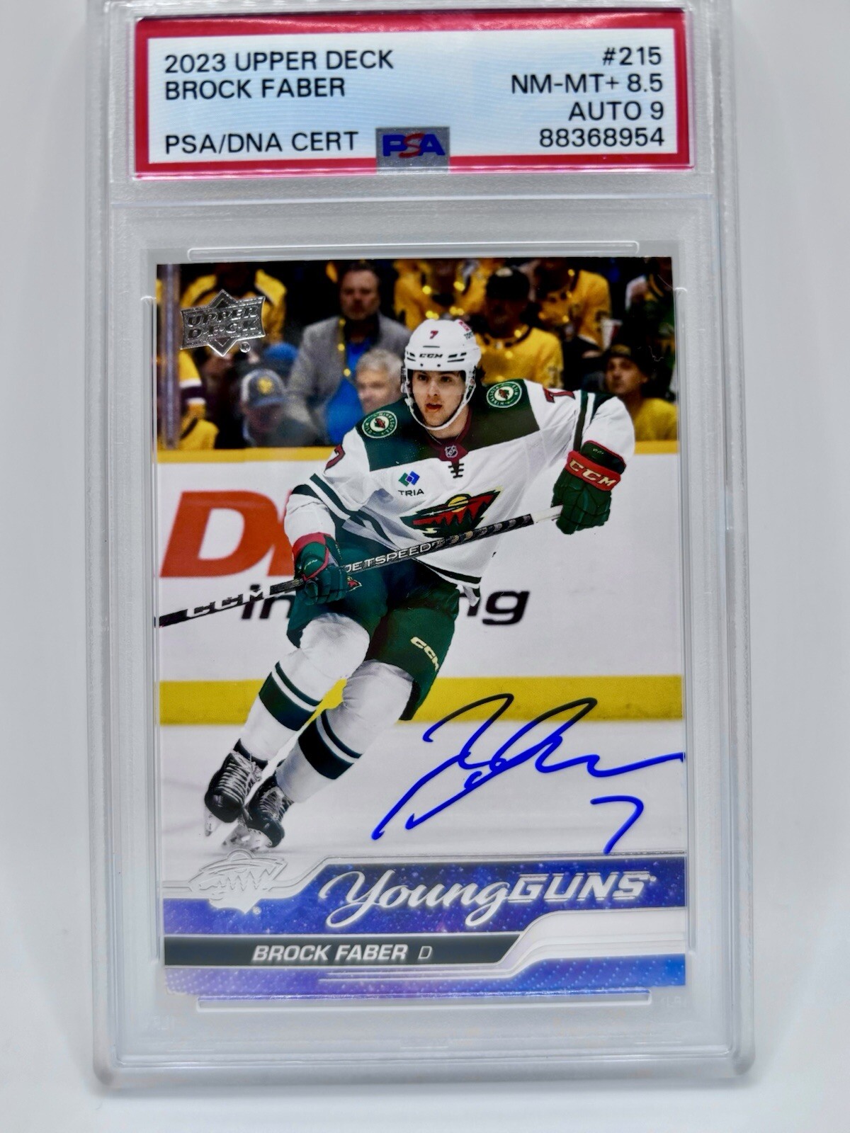 2023-24 Upper Deck Young Guns Brock Faber #215 SIGNED IP AUTO PSA 8.5, AUTO 9