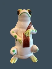 Vintage Fitz and Floyd Frog Figurine Instrument Spots White Green Japan