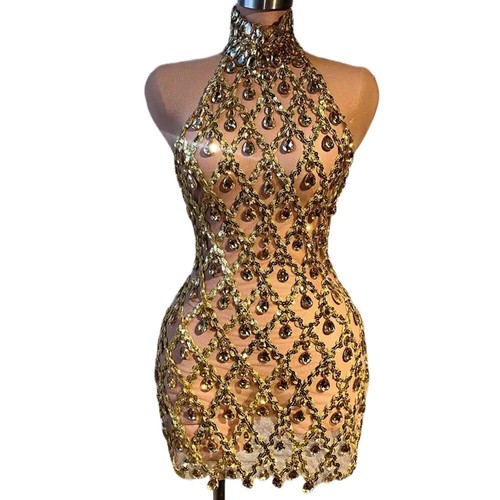 Hochgeschlossene Abendkleider durchsichtig sexy Strasskleid glänzende Kleider Damen - Bild 14 von 14