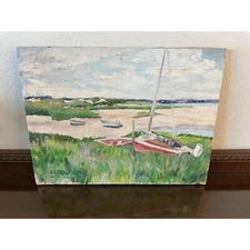 Seascape Original Oil on Canvas Painting Sailboat Landscape Artist Signed 16x12
