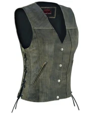 Women's Leather Biker Vest Antique Brown Single Back Panel Concealed Carry Vest