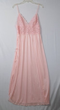 Vintage Miss Elaine Pink Nylon Lace Floor Length Night Gown Side Split M