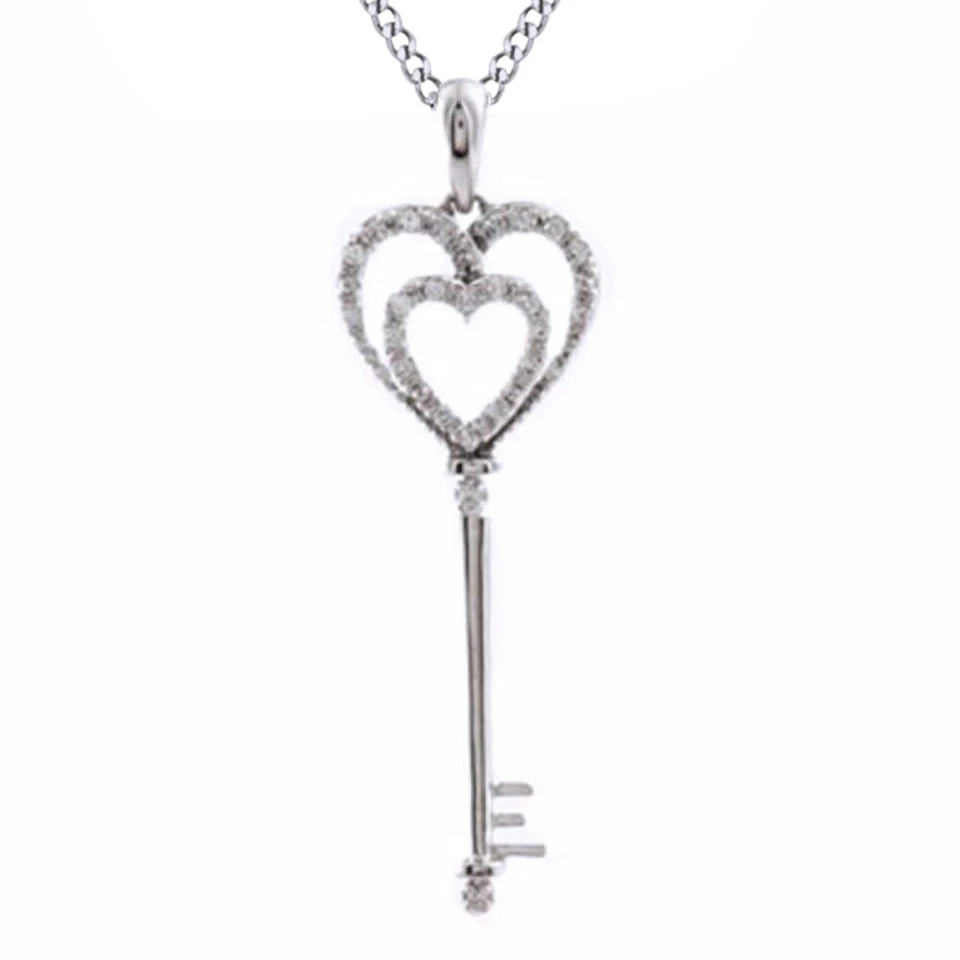 1/7 Ct Double Heart Key Pendant Necklace Real Diamond 925 Sterling 18" Chain - Изображение 3 из 3