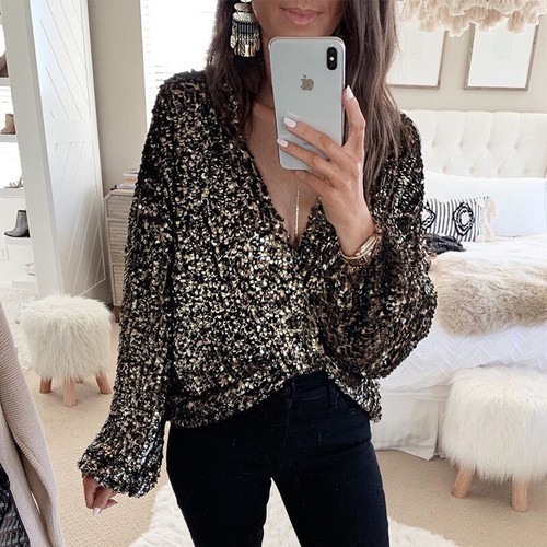 Elegant Women Deep V Neck Sequins T 