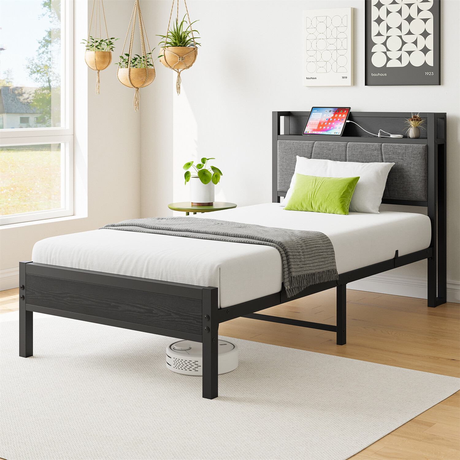 Twin/Full Size Bed Frame Metal Platform Bed Frame w/ Storage Headboard Black New