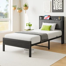 Twin/Full Size Bed Frame Metal Platform Bed Frame w/ Storage Headboard Black