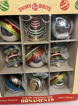 Christopher Radko 9 Shiny Brite Christmas Glass Ornaments Retro UFO, BELLS