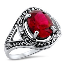 ANTIQUE STYLE 925 STERLING SILVER 3 CARAT LAB-CREATED RUBY FILIGREE RING  1111z