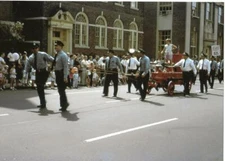1950's NEW HAVEN LABOR DAY PARADE 8 X 12 FIREMEN PHOTO, CHURCH ST, NEW HAVEN