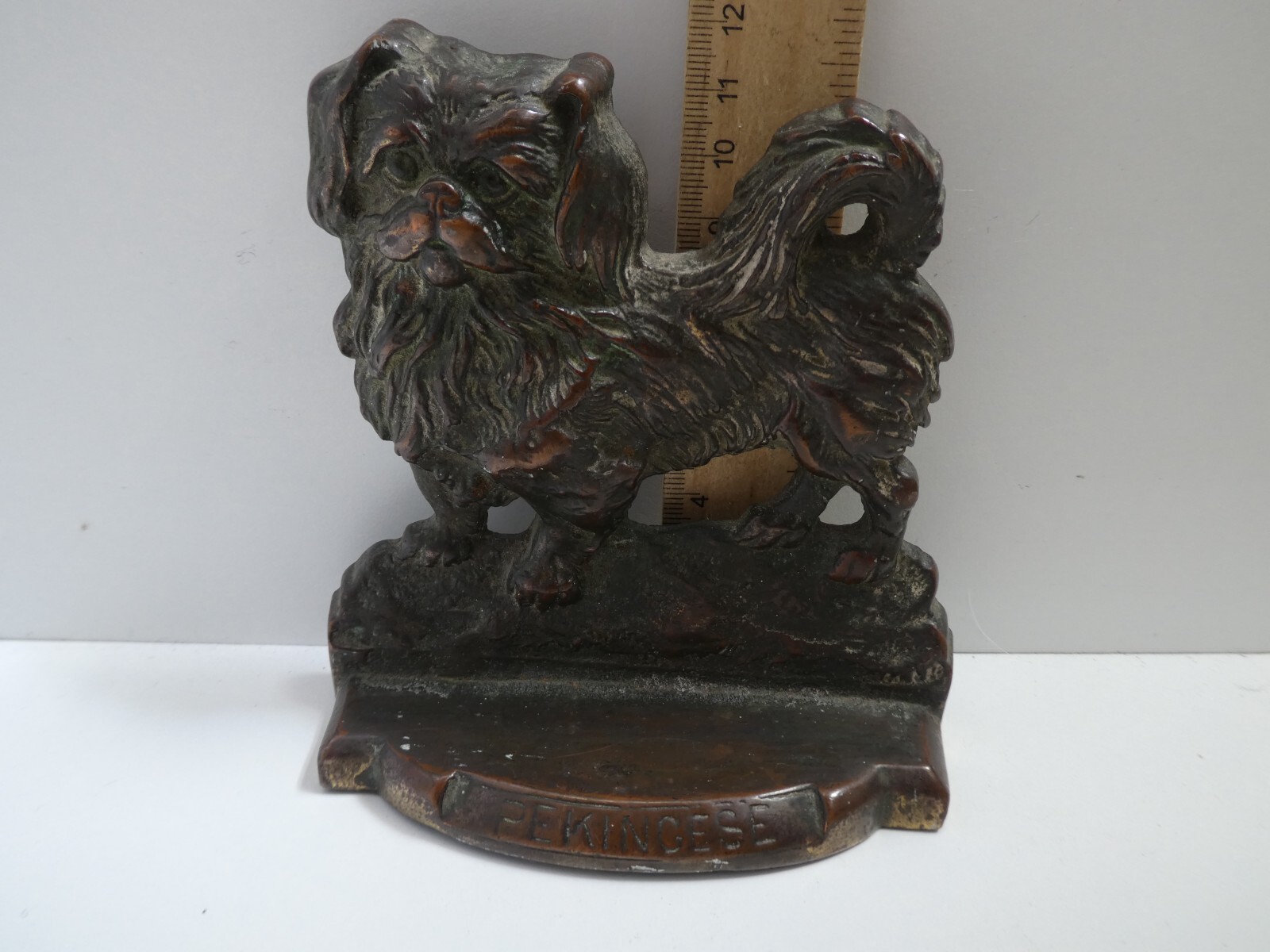 VINTAGE HEAVY COPPER PLATED CAST METAL PEKINGESE DOG STATUE BOOKEND