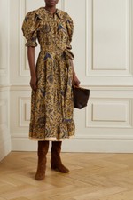 Ulla Johnson Fall'21 Rosalind Brown & Blue Print Puff Sleeve Ruffle Maxi, Size S