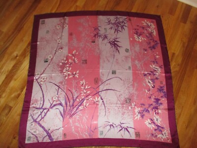 Heyin Signed Chen Xiao Pei Mulberry Pink Asian Floral 100% Silk Square Scarf 41''