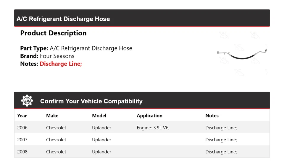 Manguera de descarga de refrigerante aire acondicionado Chevrolet Uplander 2006-2008 4 estaciones 2007 Foto 2 de 4