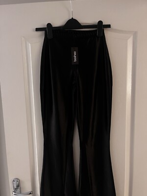 Women’s Boohoo Black Stretch Satin Fit Flare Trousers UK