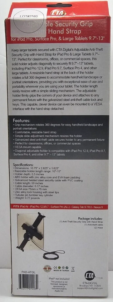 Anti-Theft Grip – CTA Adjustable Security For 9.7" - 13" Tablets, Silver  - Image 2 of 4