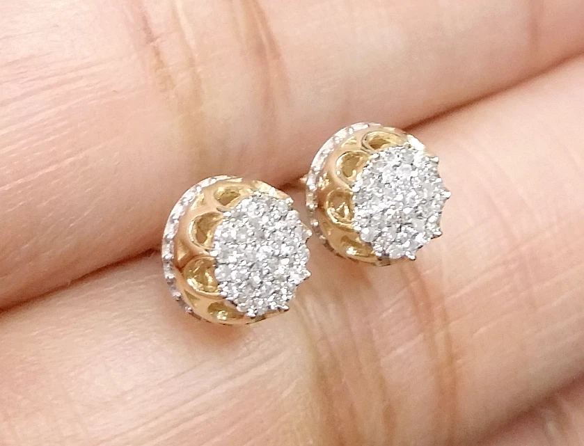 DEAL 10K Yellow Gold Real Diamond Studs 6.40mm Men s 3D Pave Earrings 0.15 CTW