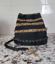 Vintage 1950's Crochet Drawstring Bucket Purse with Beads, Gold Metallic Accents