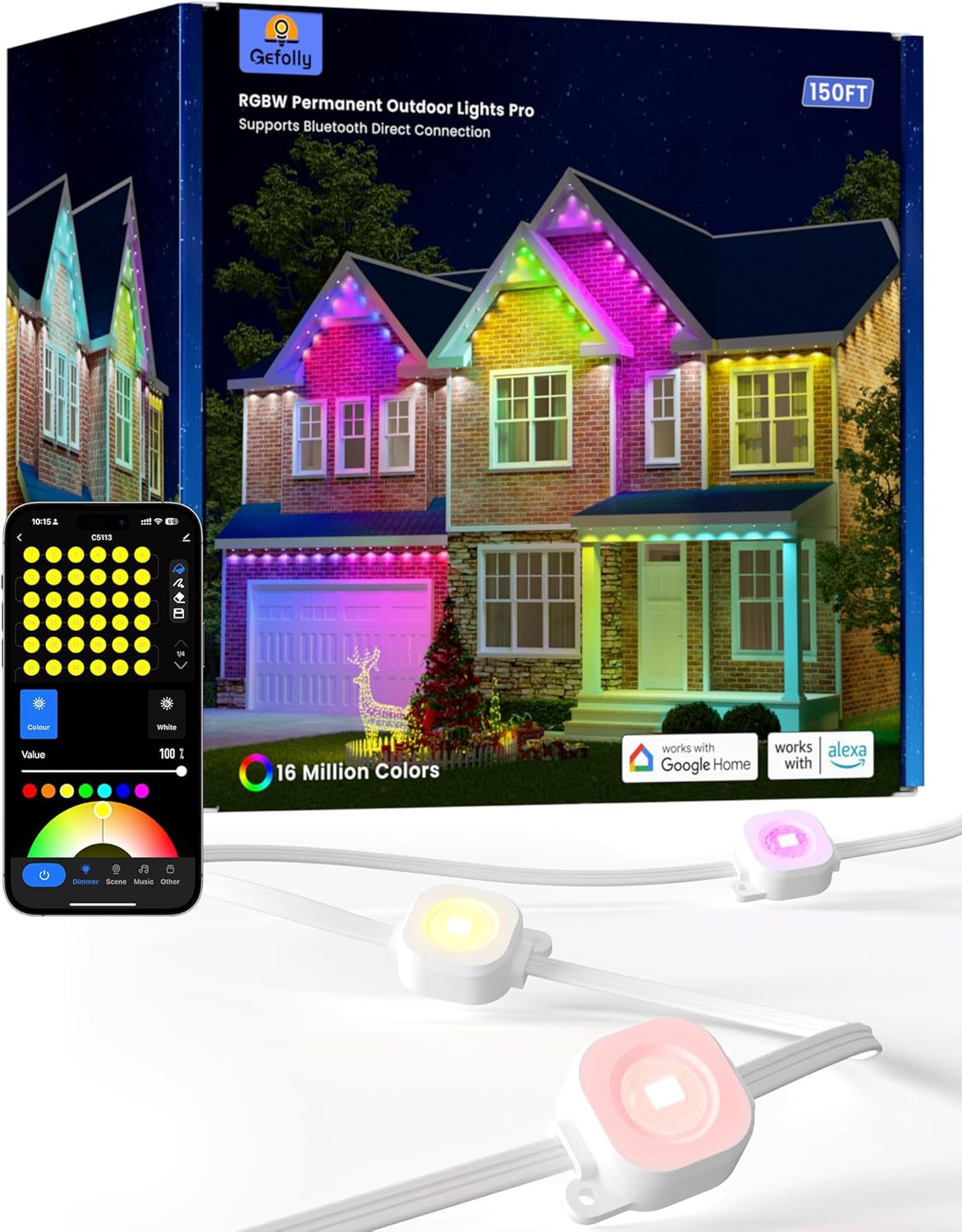 Permanent Outdoor Lights Pro, 150Ft with 90 RGBW Double-Led Lights 111 Scene Mod