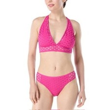 Carmen Marc Valvo Bikini Set Womens M Pink New Eyelet Crochet Halter 2pc 140