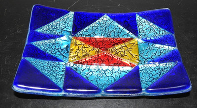 Vintage Fused Glass Geometric Trinket Dish Crackle Back Artisan Made 1980's