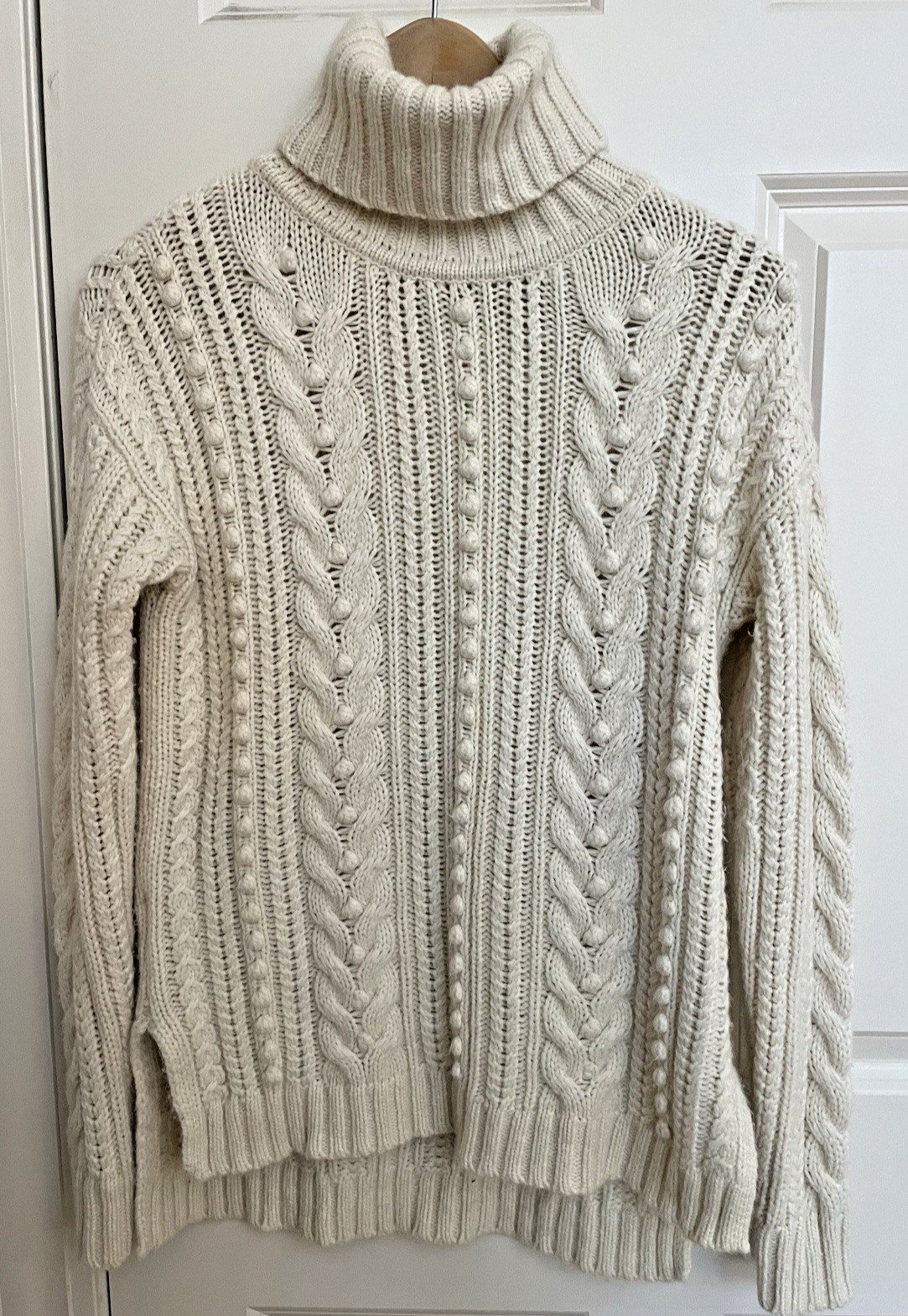 Ann Taylor Chunky Sweater Sz S Cableknit Ivory Wool Blend Turtleneck Fisherman