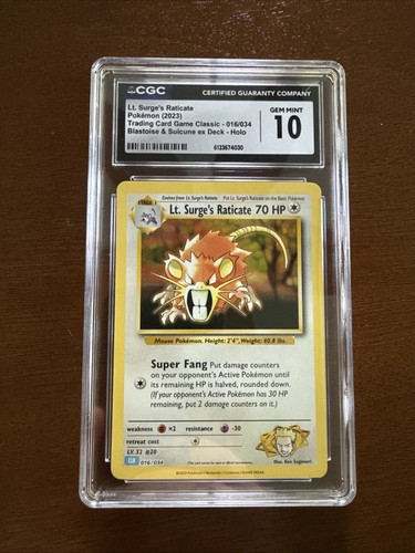 Pokemon Lt. Surge's Raticate 16/34 Trading Card Classic Holo CGC 10