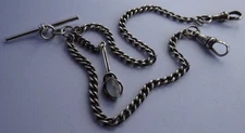 Antique solid silver double pocket watch albertina chain & moonstone fob
