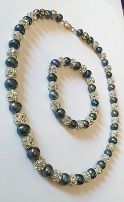 8mm Süßwasserperlen/Kristall Kugel Akzent Perlen/925 Halskette/Elastisches Armband