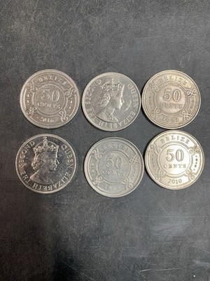 6 Belize 50 Cents Coins - 6 x .50 BZD Rare Vintage Old Uncommon