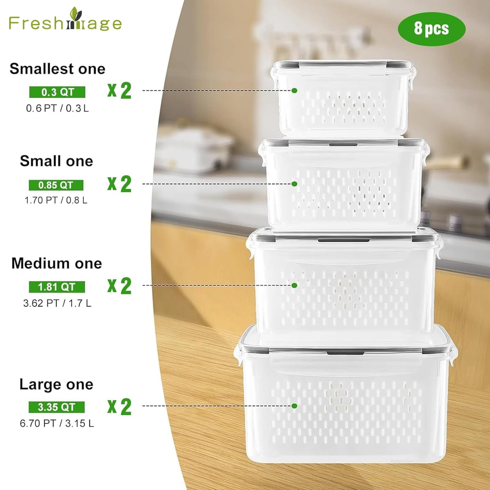 4 PCS Fruit Storage Containers for Fridge with Removable Colander Airtight Food